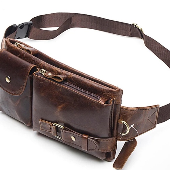 Brown Leather Men's Crossbody Bag - Picture 4 of 5